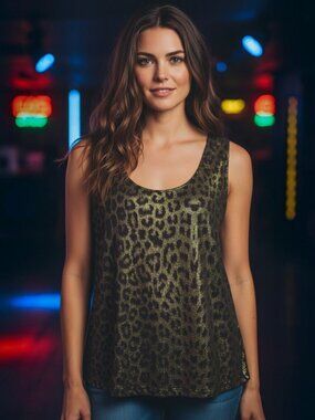 Clara S. Mob Wife Metallic Leopard Print Tank Top Large L Cheetah Gold Blouse